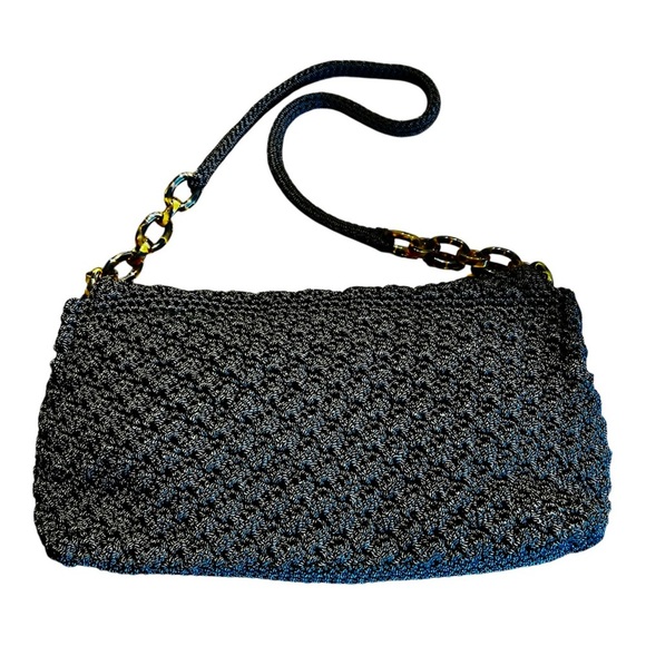 The Sak Black Crochet Scalloped Shoulder Purse with Tortoise Chain Strap - Picture 2 of 4